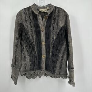 Urban Tribe Womens Jacket Size M Boho Mixed Media Lace Crochet Art‎ To Wear Gray